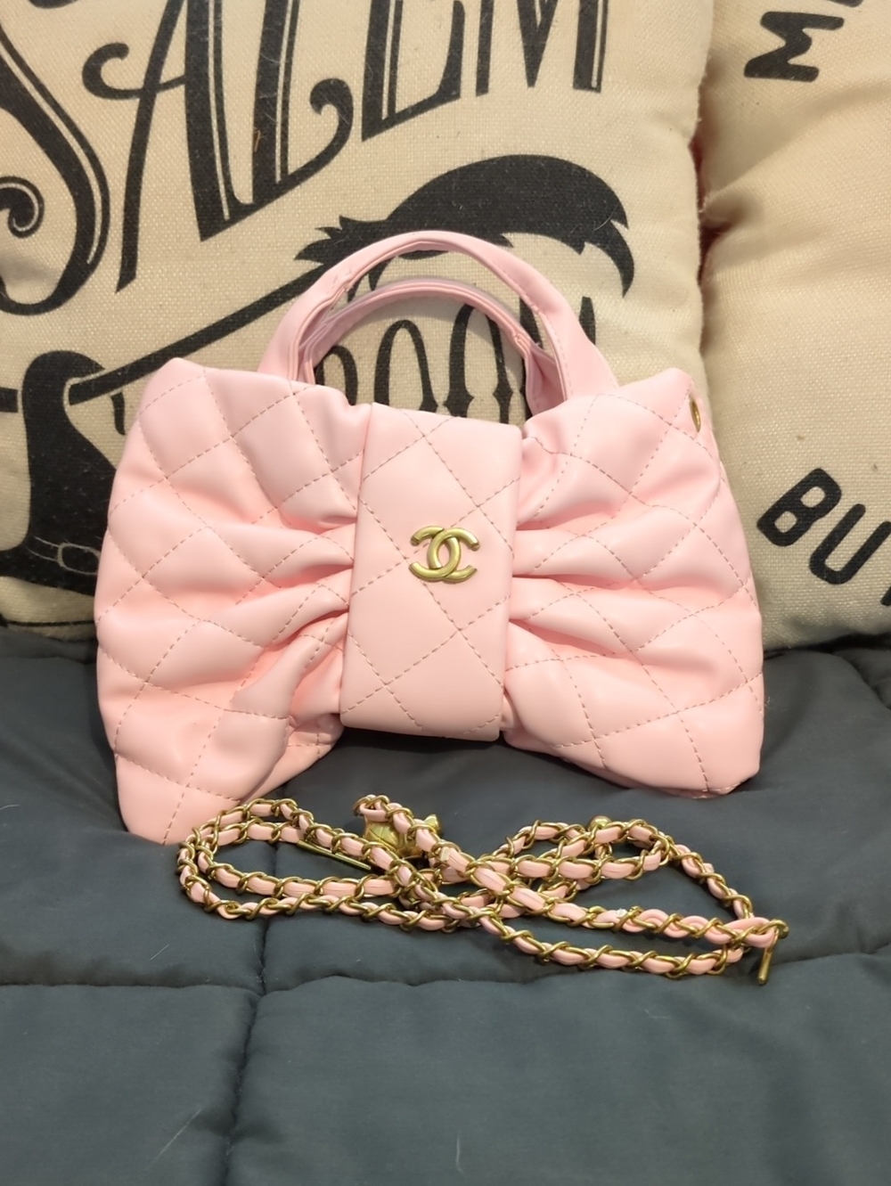 CHANEL Pink Quilted Bow Satchel with Gold Chain - CUTE